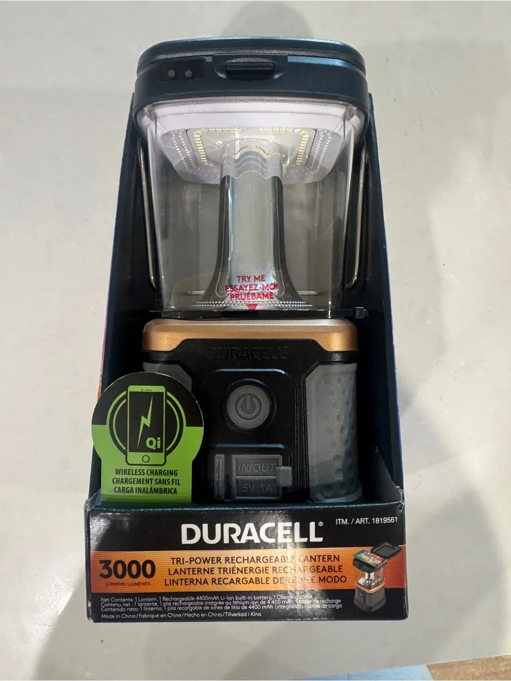 Duracell 3000 Lumen Tri-Power Rechargeable LED Lantern Solar USB Qi NIB
